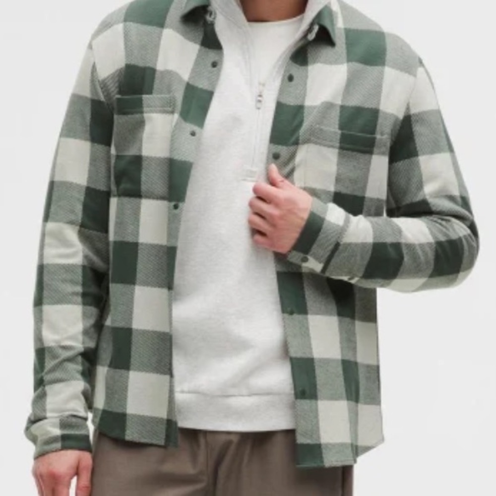 Lululemon Soft Knit Overshirt Check Plaid Green Dark Forest Bone Men Small EUC